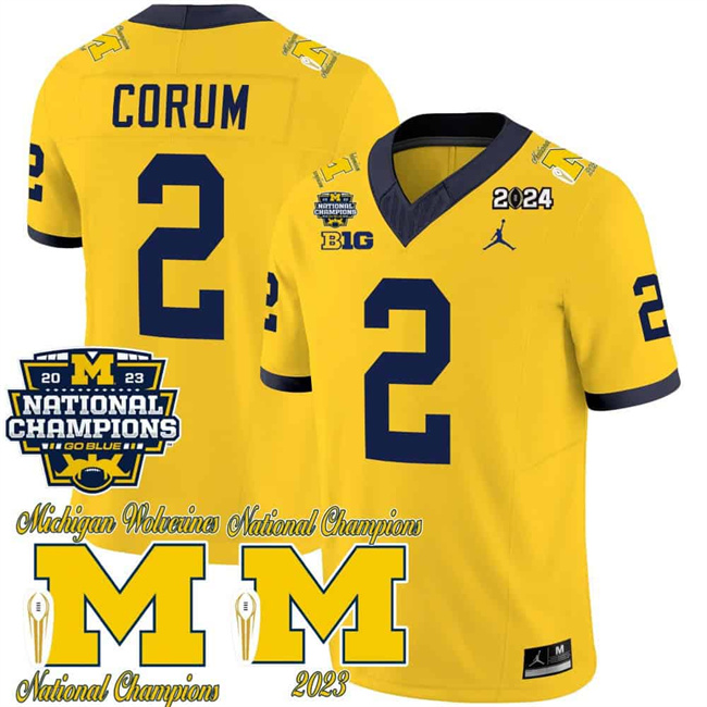 Men's Michigan Wolverines #2 Blake Corum Yellow F.U.S.E. CFP 2023 National Champions Patch Vapor Stitched Football Jersey